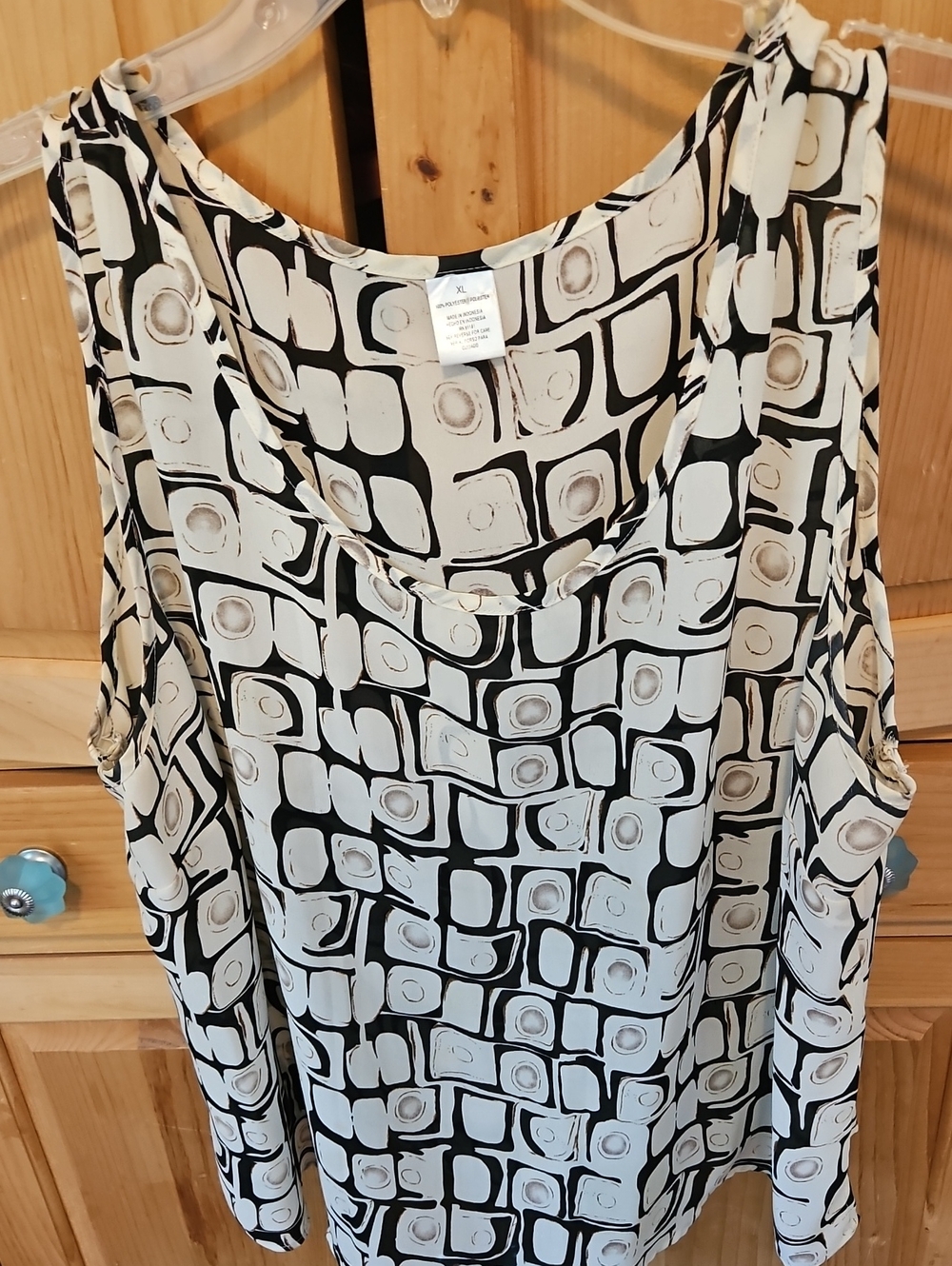 Geometric Print Tank Top/3/4 Sleeve Matching Blouse - Black & Cream
